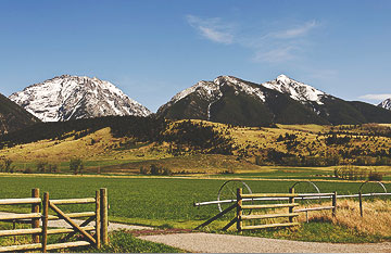 Farm near a mountain range